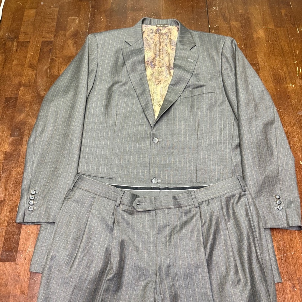 Marzoni Suit Mens 50 Gray Pinstripe Italian Wool Two Button Paisley Lining 40x34